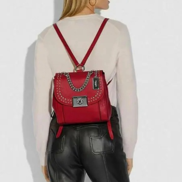 COACH Cassidy Pebble Leather Border Rivets Backpack/Top Handle inBright Cardinal - Picture 5 of 14